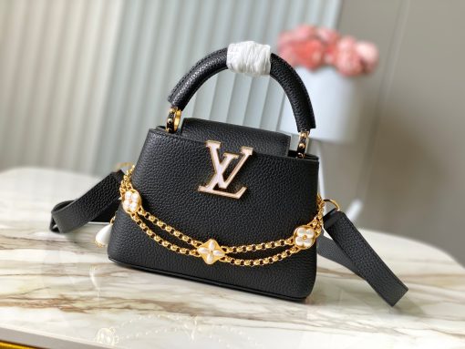 LV 高仿黑色金鏈花飾手提包 小號時尚優雅款