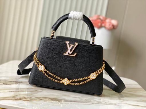 LV 精品仿製黑色金鏈花飾手提包 中號典雅百搭款