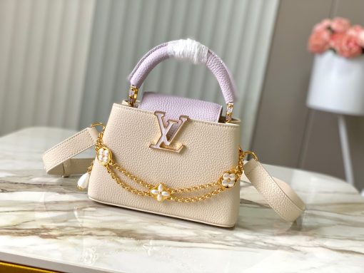 LV 高仿奶油白金鏈花飾手提包 小號氣質百搭款