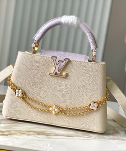 LV 高仿奶油白金鏈花飾手提包 中號百搭氣質款