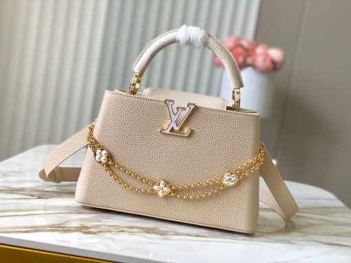 LV 高仿 Capucines 米白色手提包 金鏈裝飾款