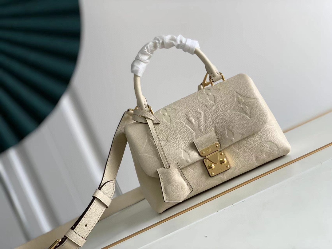 LV 高仿 Monogram壓紋鎖扣手提包 米白色金扣設計