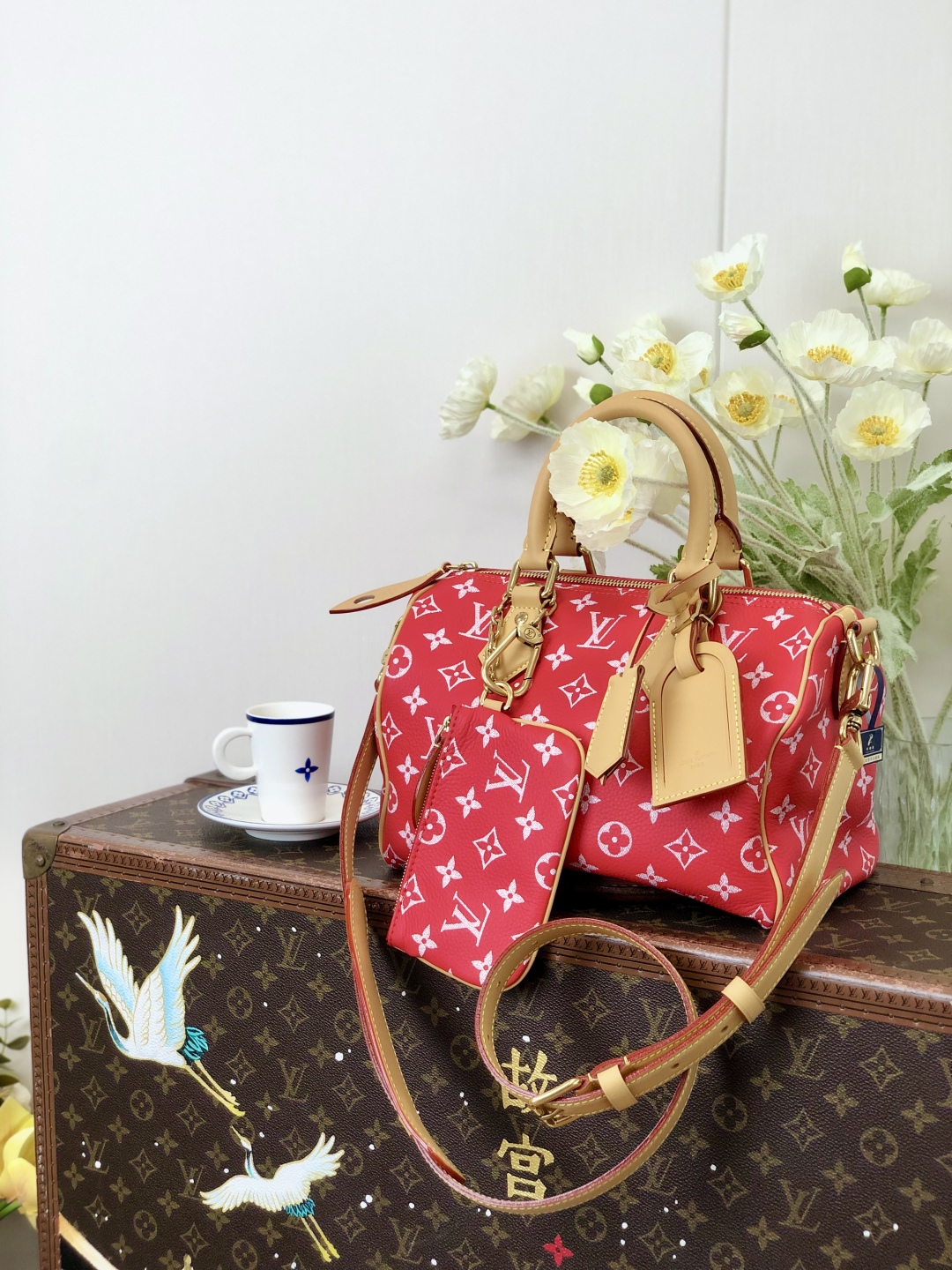 LV 高仿波士頓包 M24425 紅色Monogram 附配件精品旅行包｜歐美奢侈品精品推薦