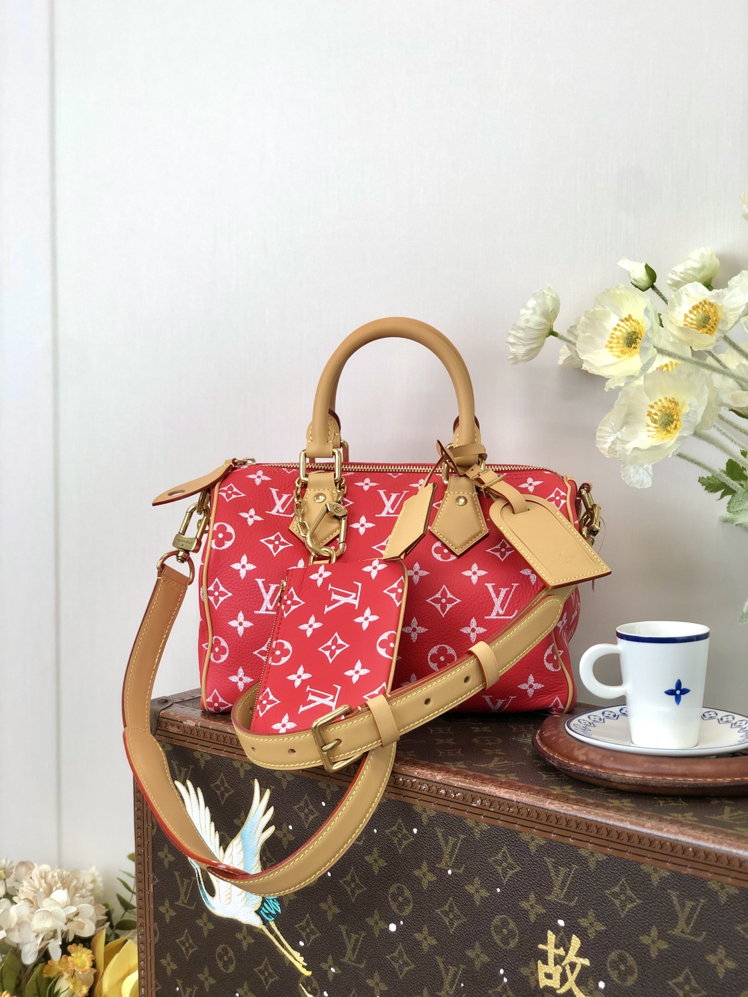LV 高仿波士頓包 M24425 紅色Monogram 附配件精品旅行包｜歐美奢侈品精品推薦