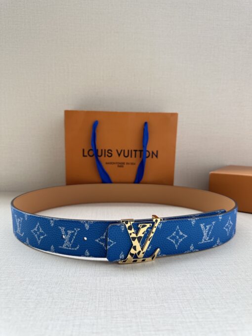 LV 一比一藍色老花皮帶 金色LV扣