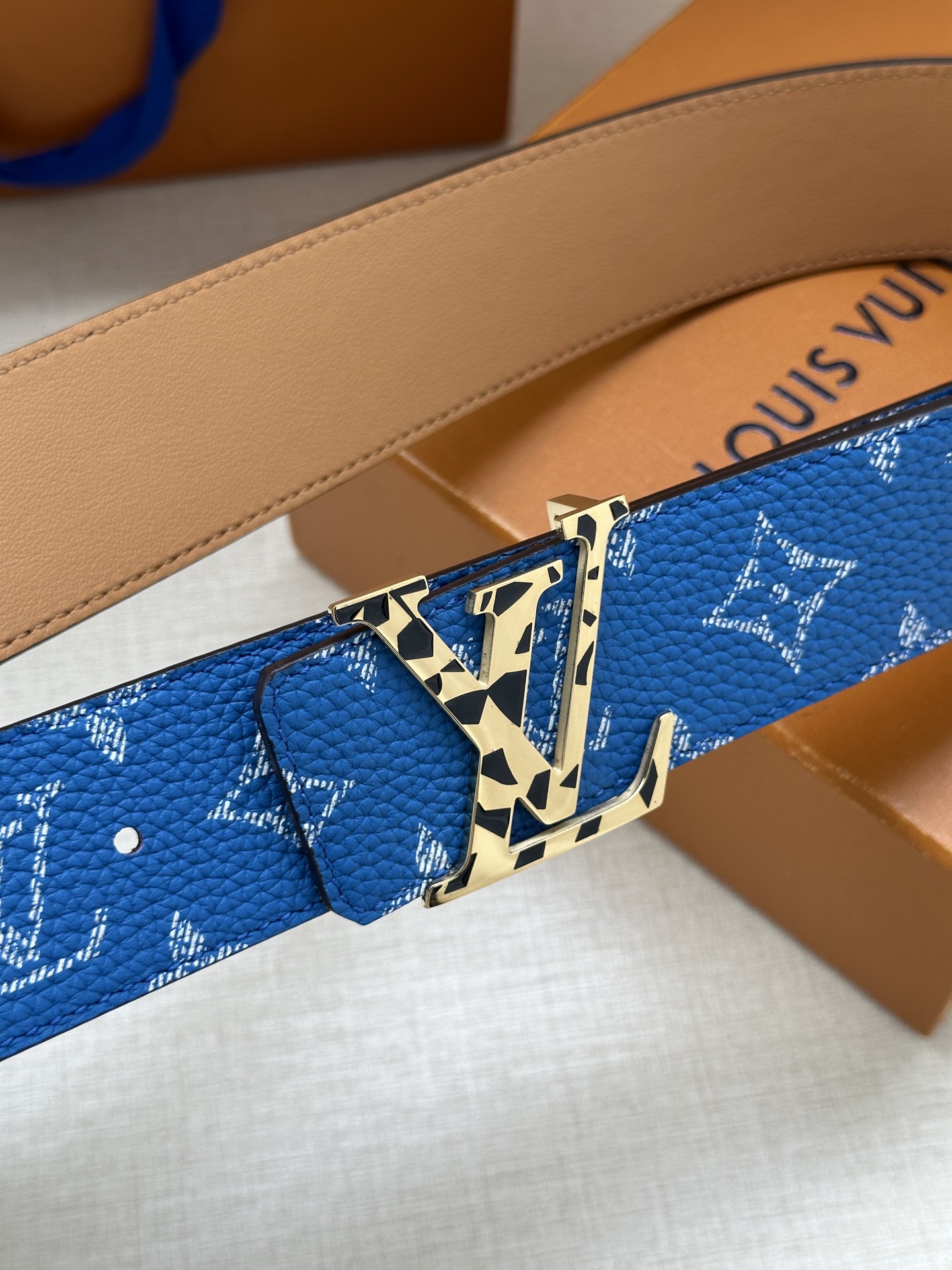 LV 一比一藍色老花皮帶 金色LV扣｜歐美奢侈品精品推薦