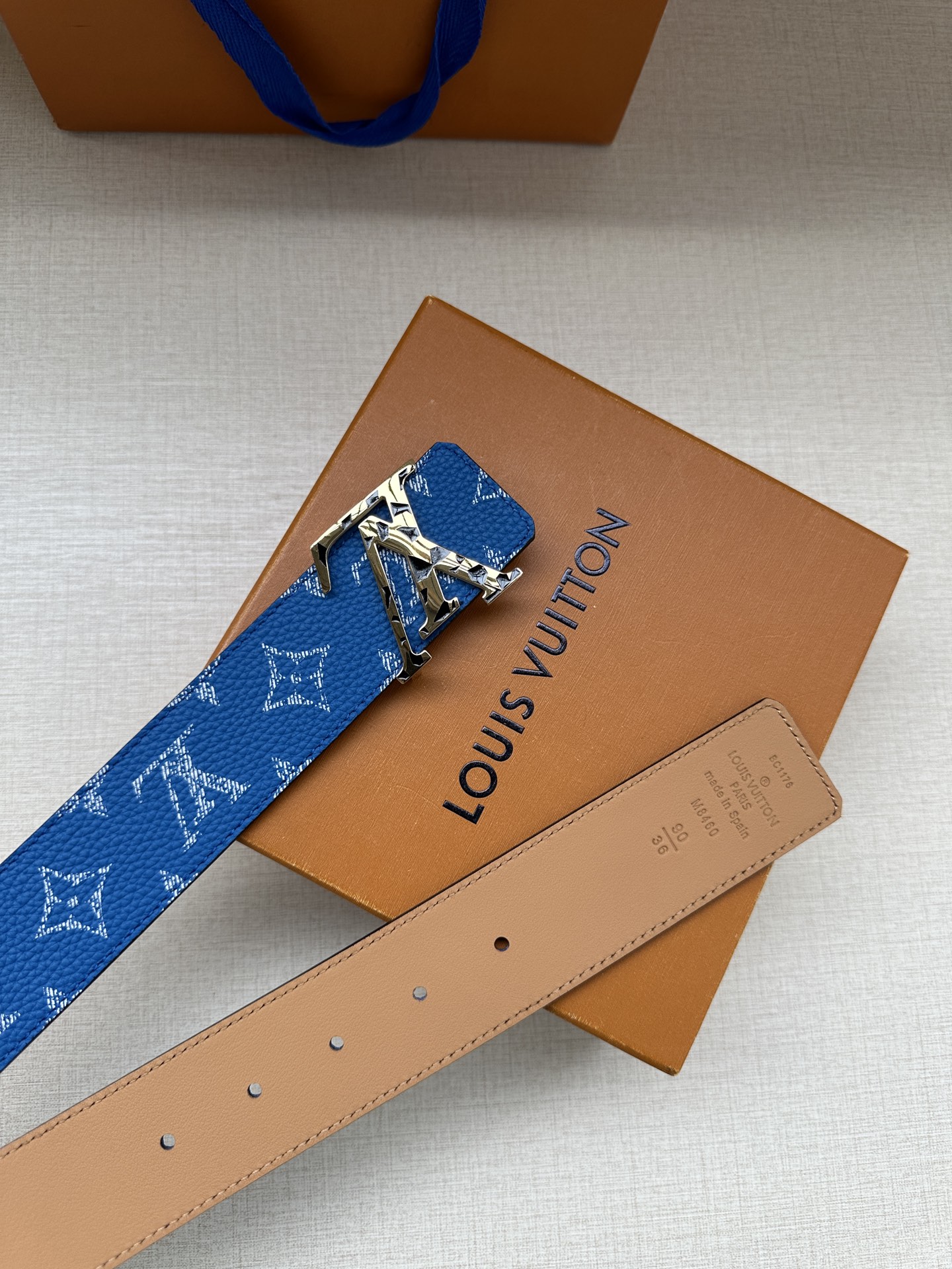 LV 一比一藍色老花皮帶 金色LV扣｜歐美奢侈品精品推薦