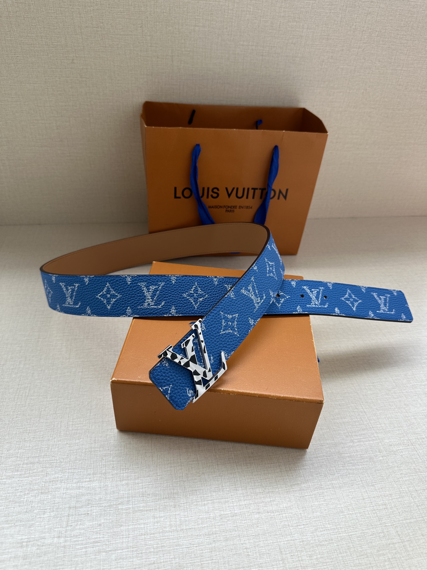 LV 一比一藍色老花皮帶 金色LV扣｜歐美奢侈品精品推薦