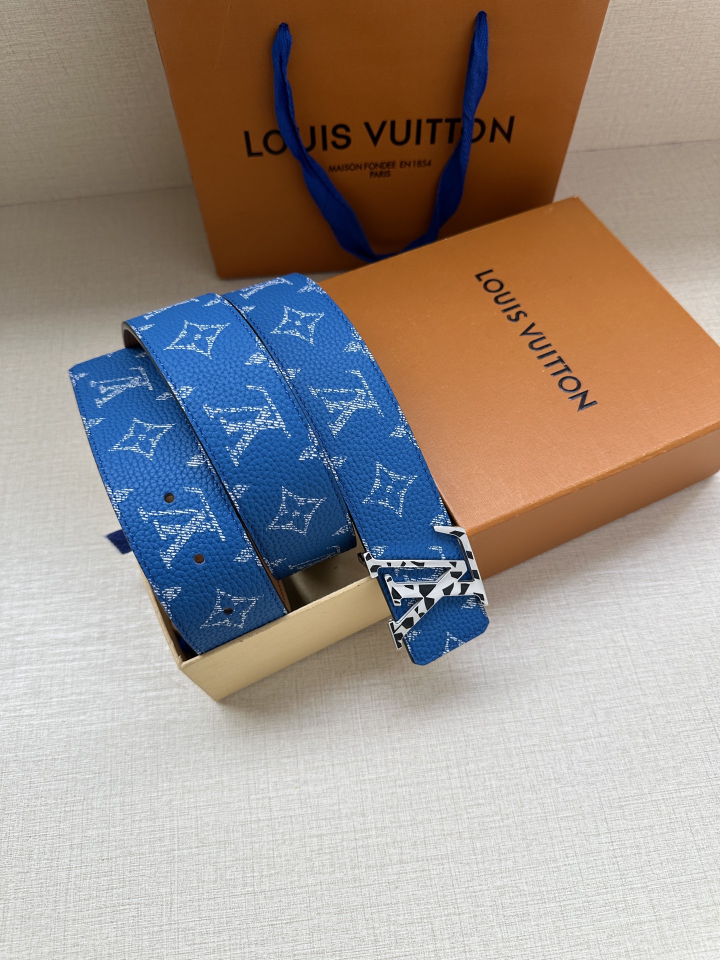 LV 一比一藍色老花皮帶 金色LV扣｜歐美奢侈品精品推薦