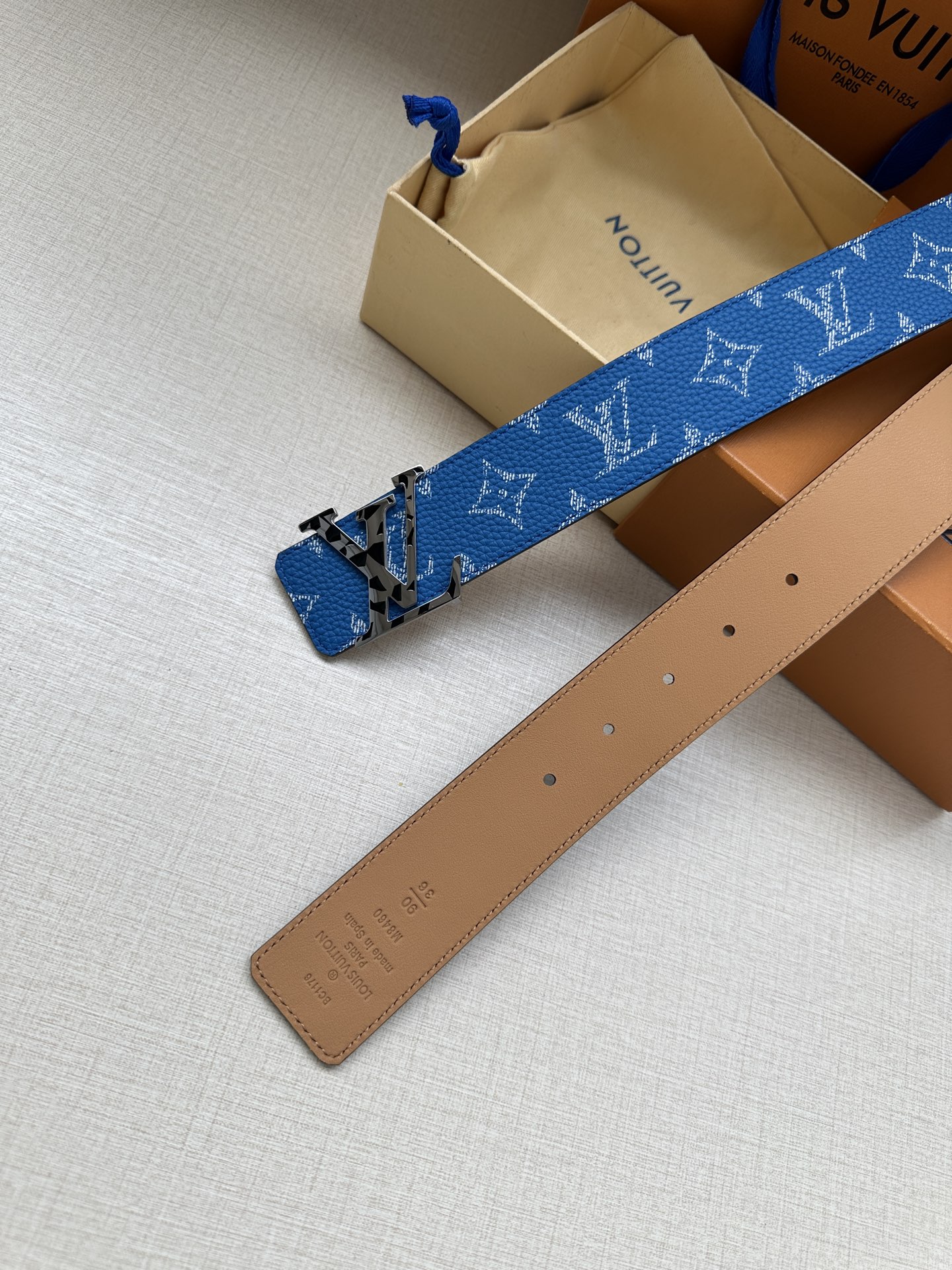 LV 一比一藍色老花皮帶 金色LV扣｜歐美奢侈品精品推薦