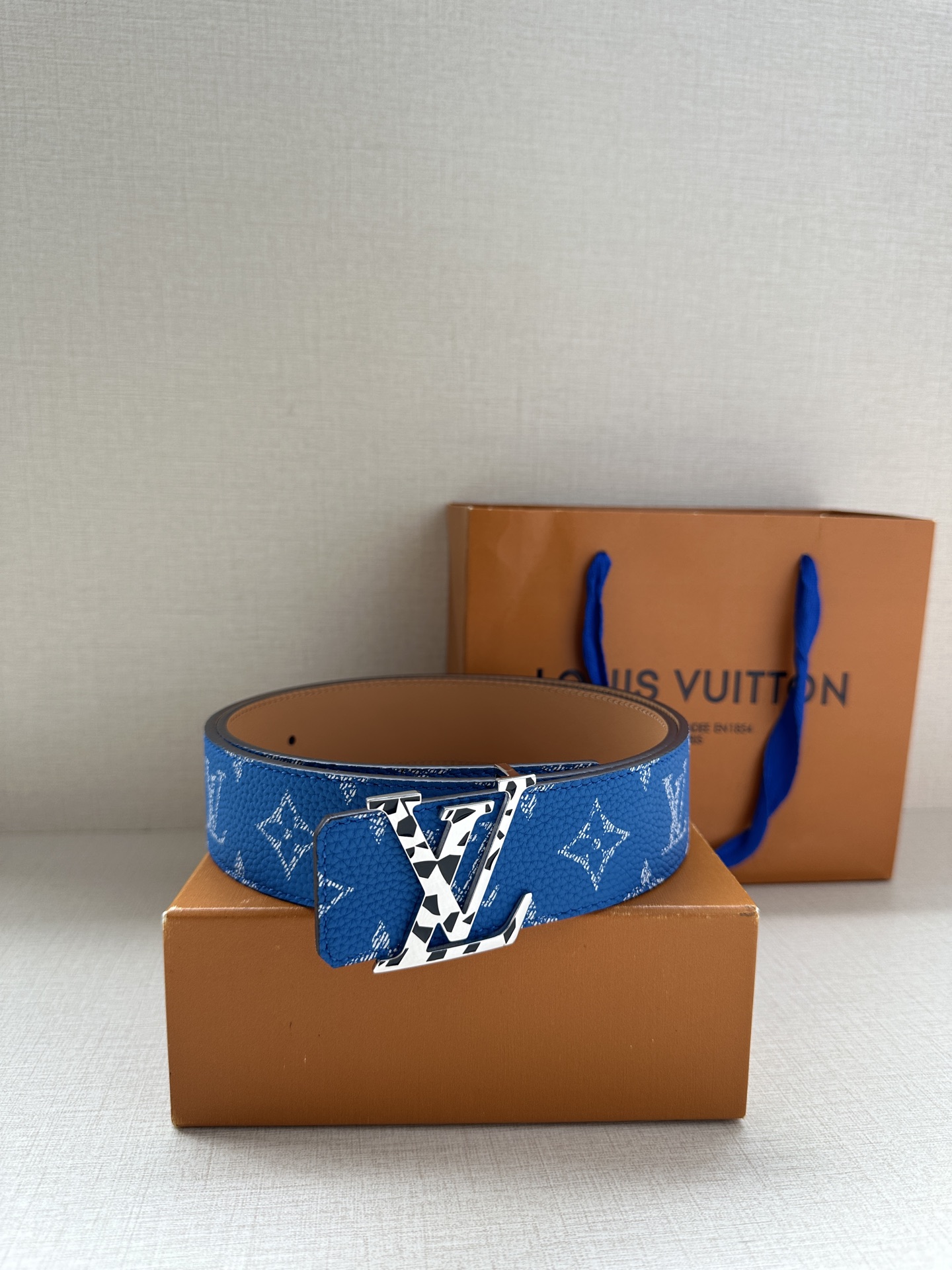 LV 一比一藍色老花皮帶 金色LV扣｜歐美奢侈品精品推薦