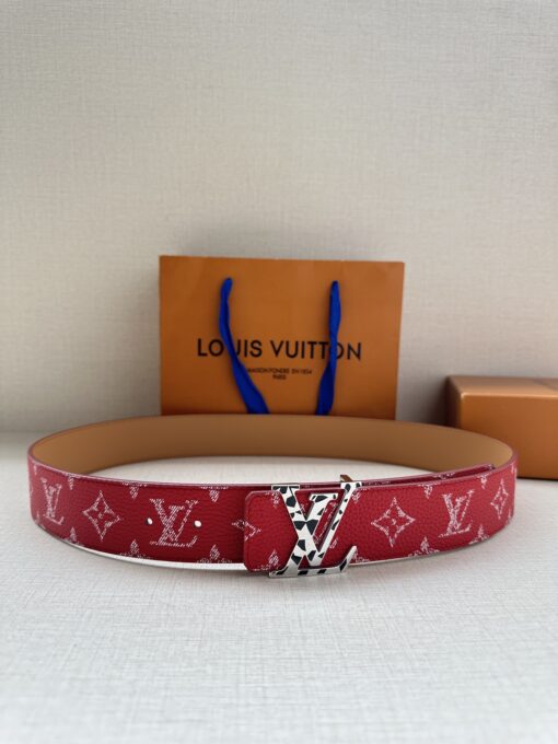 LV 原單紅色老花皮帶 銀色LV扣