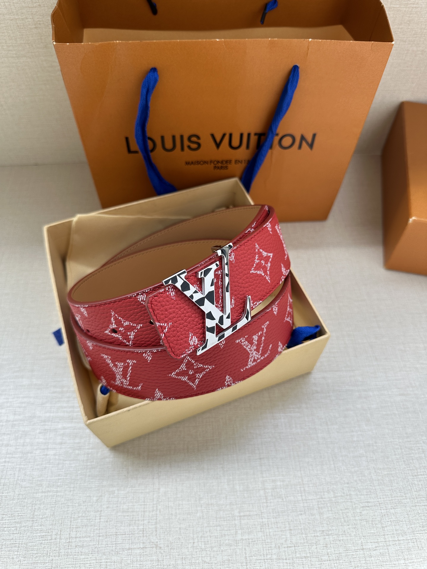 LV 原單紅色老花皮帶 銀色LV扣｜歐美奢侈品精品推薦