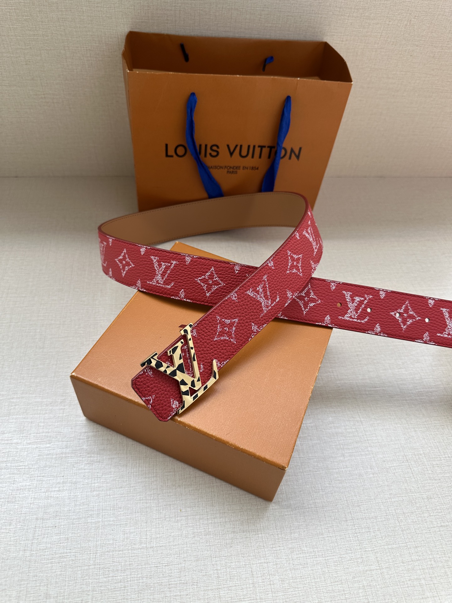 LV 原單紅色老花皮帶 銀色LV扣｜歐美奢侈品精品推薦