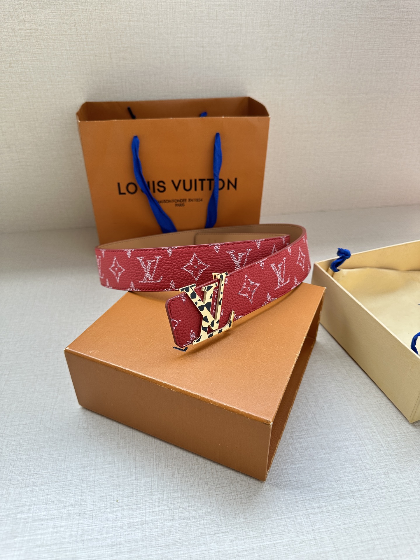 LV 原單紅色老花皮帶 銀色LV扣｜歐美奢侈品精品推薦