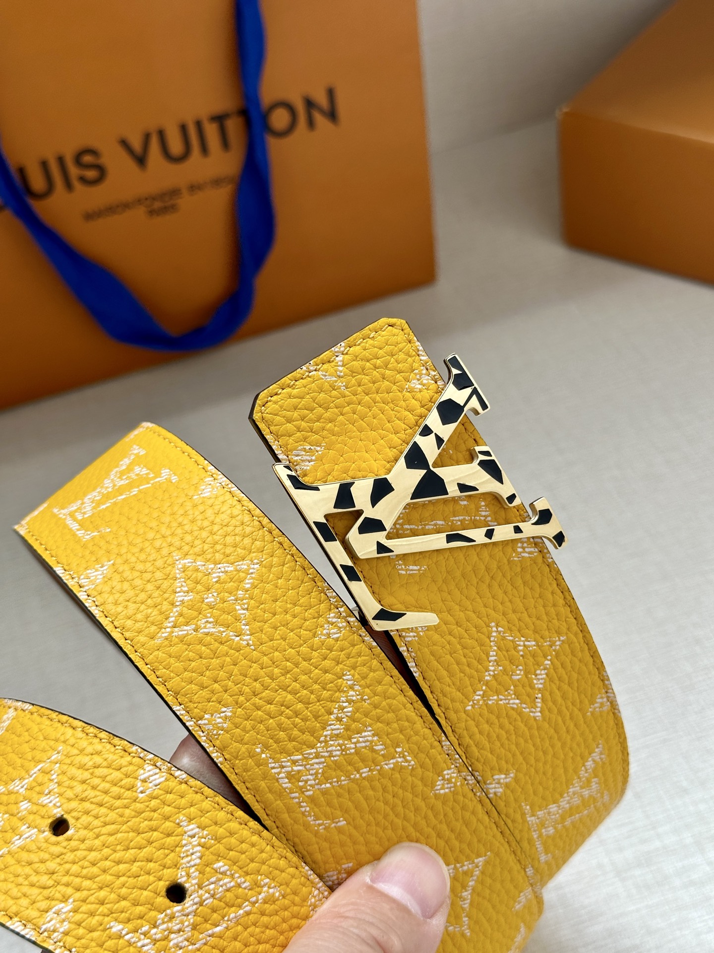 LV 一比一黃色老花皮帶 金色LV扣｜歐美奢侈品精品推薦
