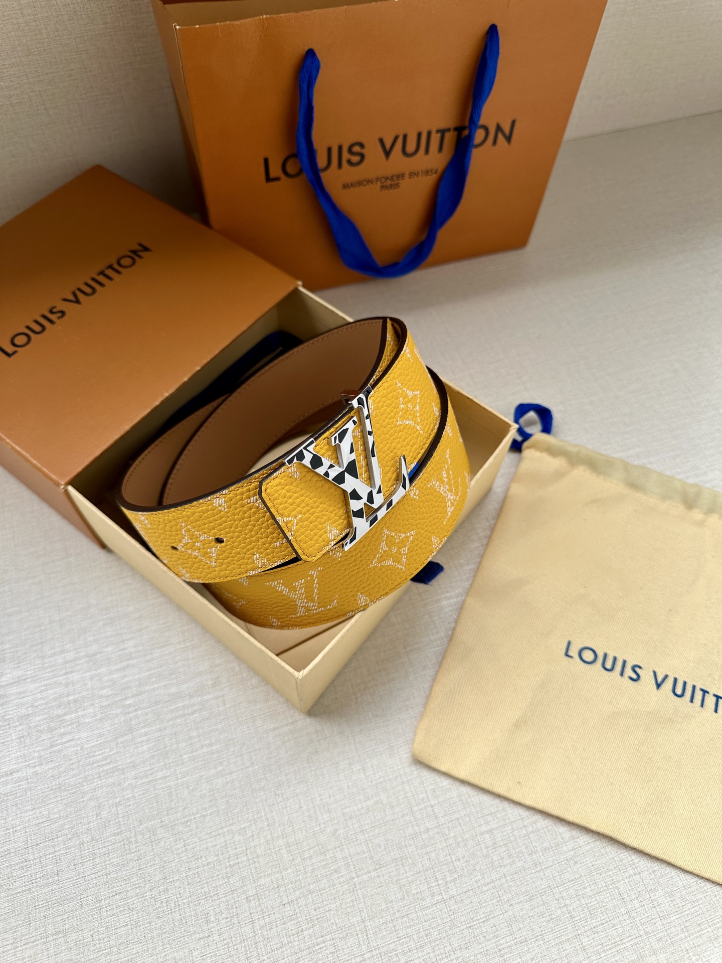 LV 一比一黃色老花皮帶 金色LV扣｜歐美奢侈品精品推薦