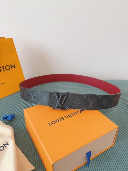 LV 一比一 Monogram灰黑皮帶 紅色內裡 黑扣