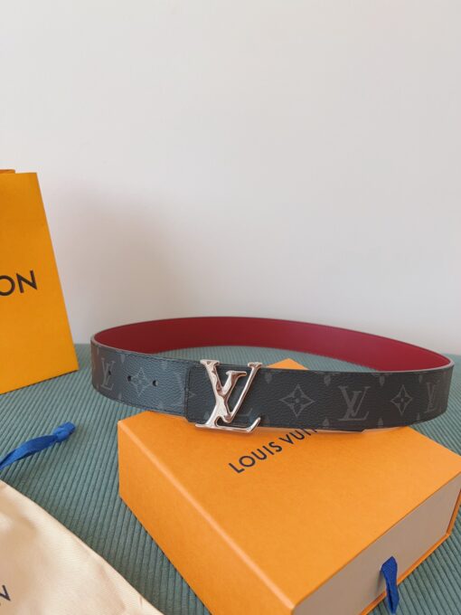 LV 一比一 Monogram灰黑皮帶 紅色內裡 銀扣