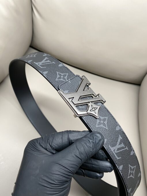 LV 高仿 Monogram 灰色腰帶 黑銀扣頭