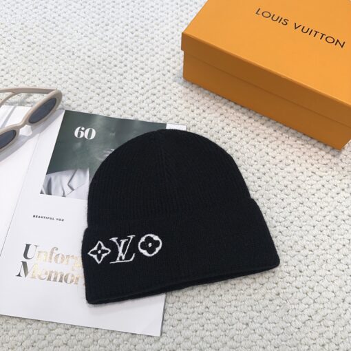 LV 高仿針織毛帽 黑色Logo圖案冬季百搭款