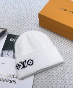 LV 高仿針織毛帽 白色Logo刺繡秋冬保暖百搭