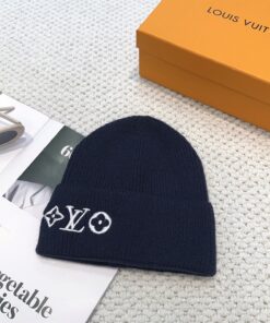 LV 高仿針織毛帽 深藍色翻邊刺繡冬季保暖