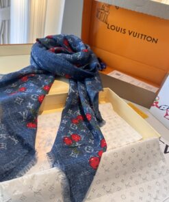LV 一比一櫻桃印花牛仔藍圍巾 清新減齡百搭款