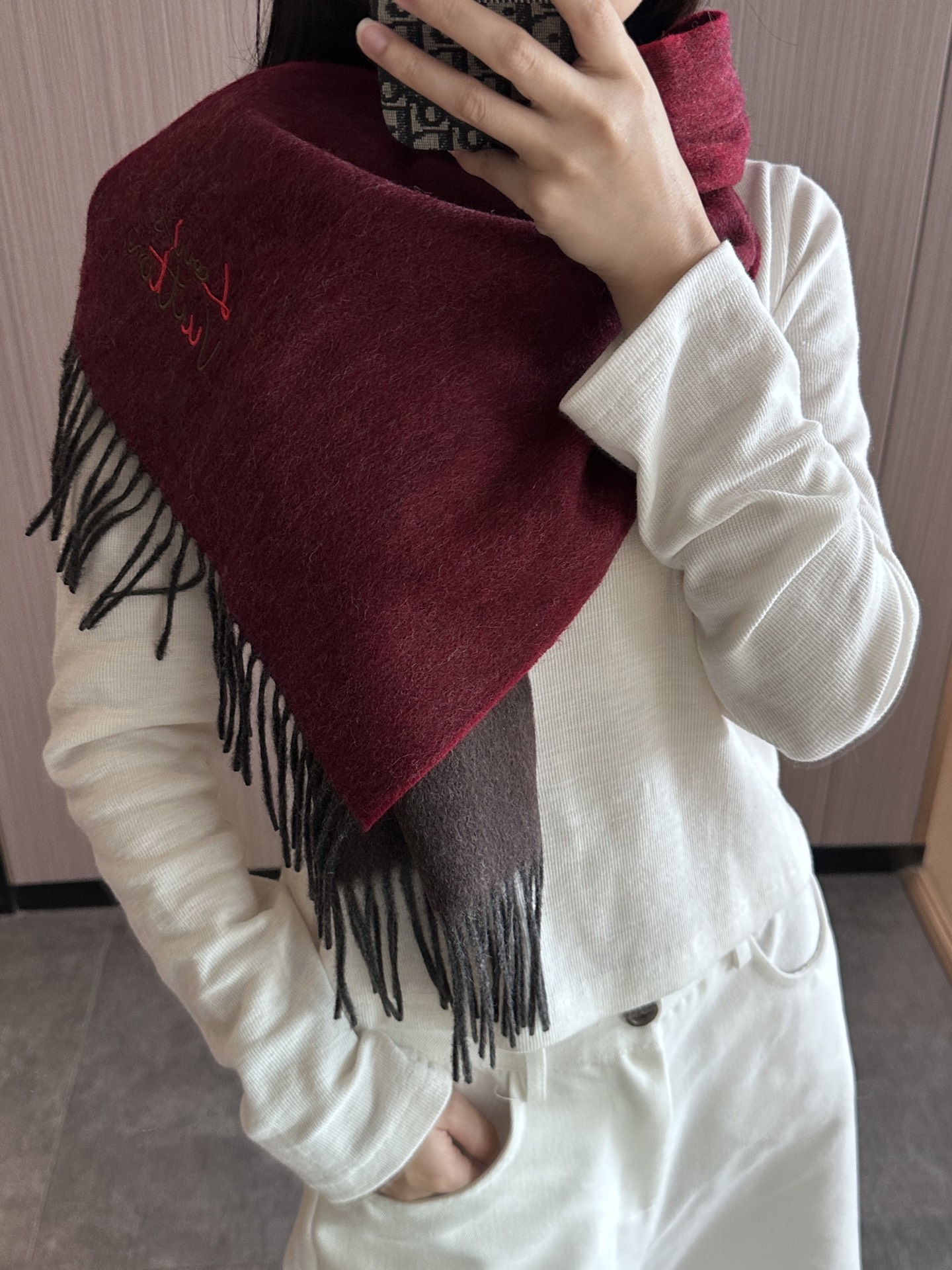 LV 精品仿製圍巾 紅棕拼接設計 保暖質感款｜歐美奢侈品精品推薦