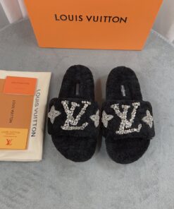 LV 高仿毛絨拖鞋 黑色水鑽刺繡款