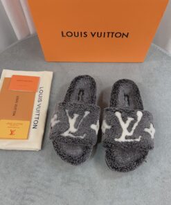 LV 高仿毛絨拖鞋 深灰白大LOGO休閒款