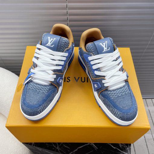 LV 精品仿製藍色丹寧拼接運動鞋 潮流百搭款