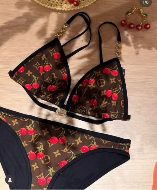 LV 一比一比基尼 棕色櫻桃印花金扣時尚款