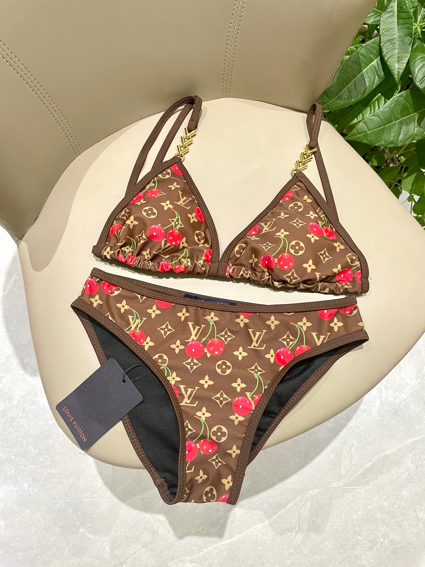 LV 一比一比基尼 棕色櫻桃印花金扣時尚款｜歐美奢侈品精品推薦