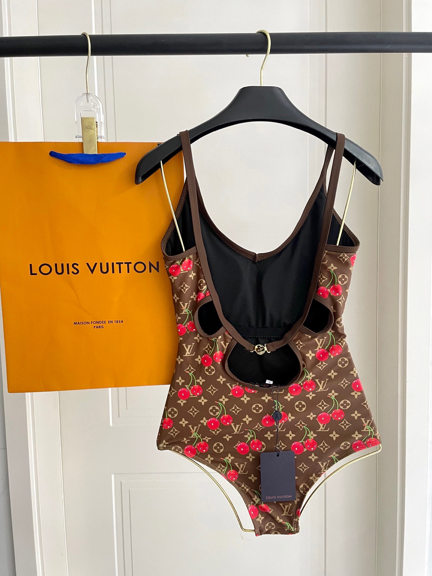 LV A貨泳裝 棕色櫻桃印花連體比基尼修身款｜歐美奢侈品精品推薦