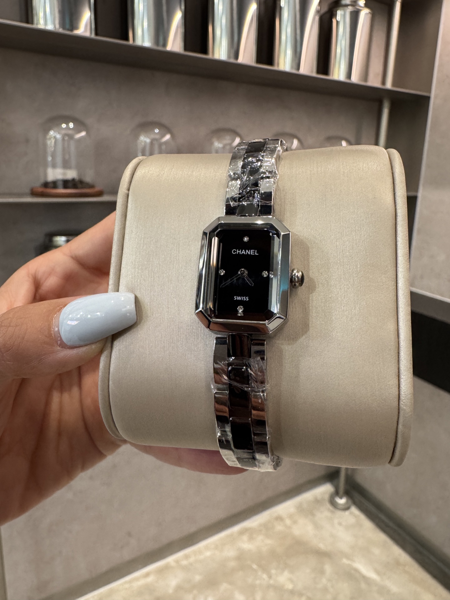 CHANEL Première 高仿黑面銀鏈女錶 經典八角設計