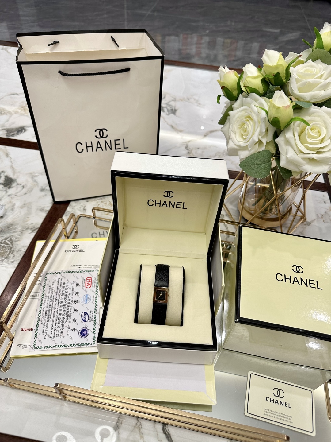 CHANEL Première方形一比一皮革女錶 金框黑面迷你款