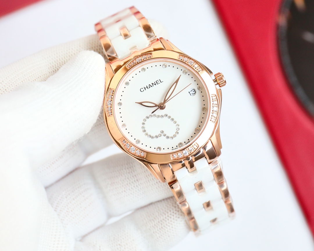 CHANEL J12高仿白面玫瑰金女錶 鑽圈雙C設計陶瓷鏈帶｜歐美奢侈品精品推薦