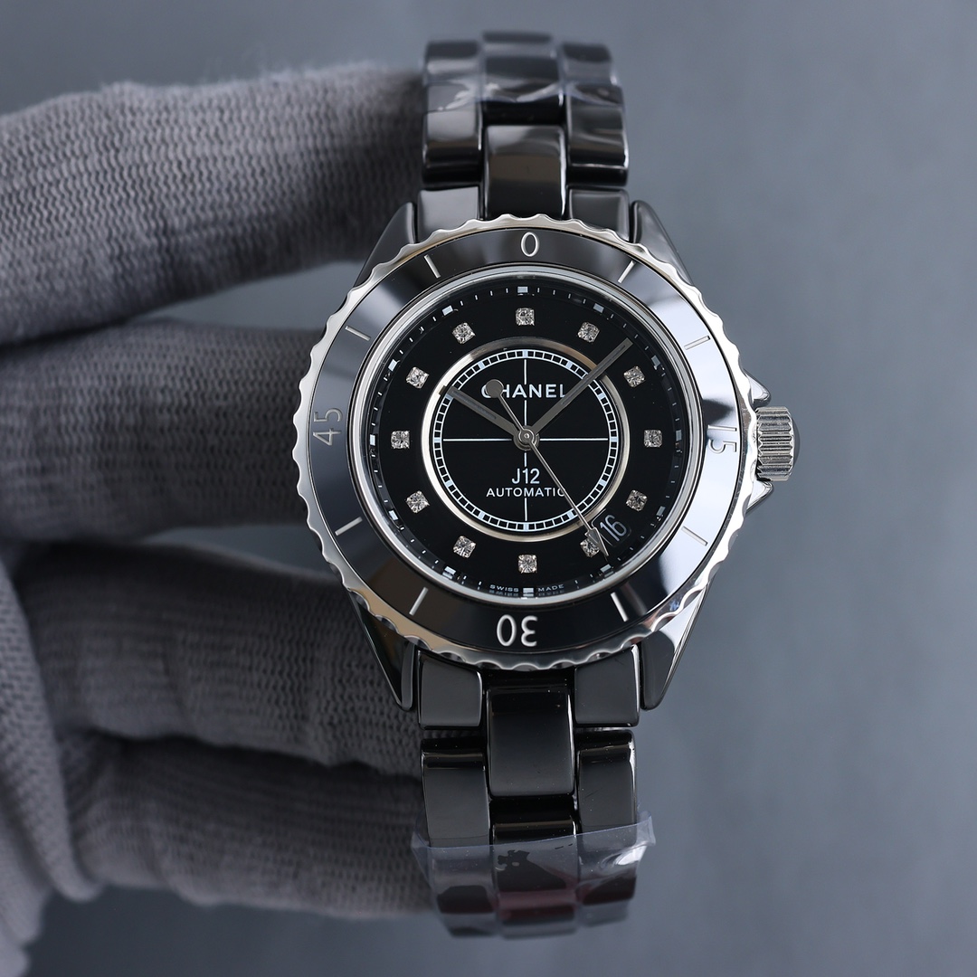 CHANEL J12 高仿黑陶瓷女錶 鑽刻度自動機芯