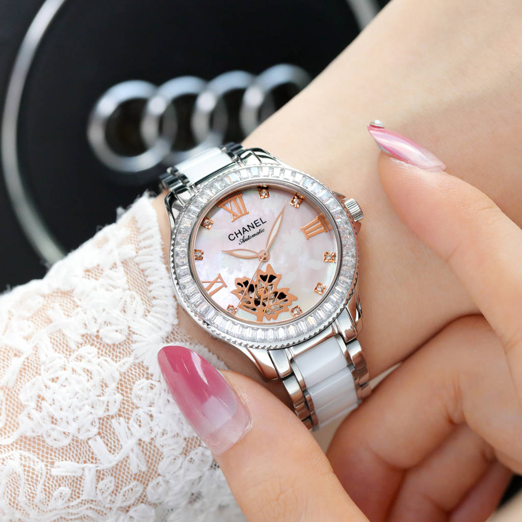 CHANEL J12山茶花高仿白陶瓷女錶 銀色花瓣鏤空款