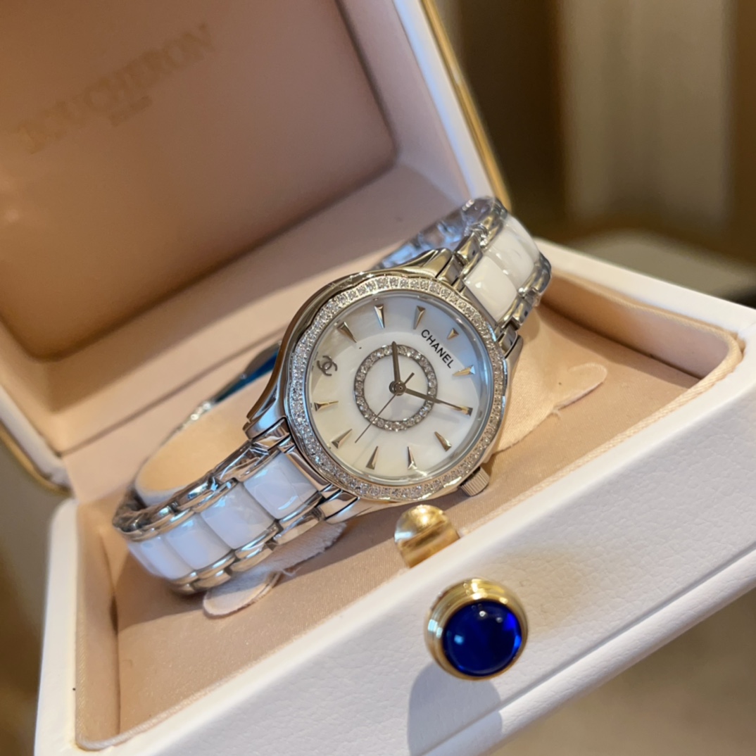 CHANEL J12原單白陶瓷女錶 貝母鑽圈雙C設計｜歐美奢侈品精品推薦