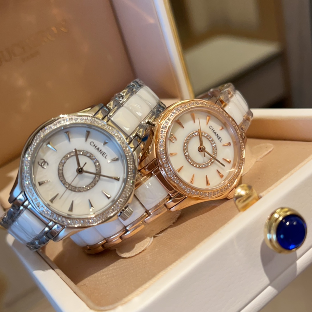 CHANEL J12原單白陶瓷女錶 貝母鑽圈雙C設計