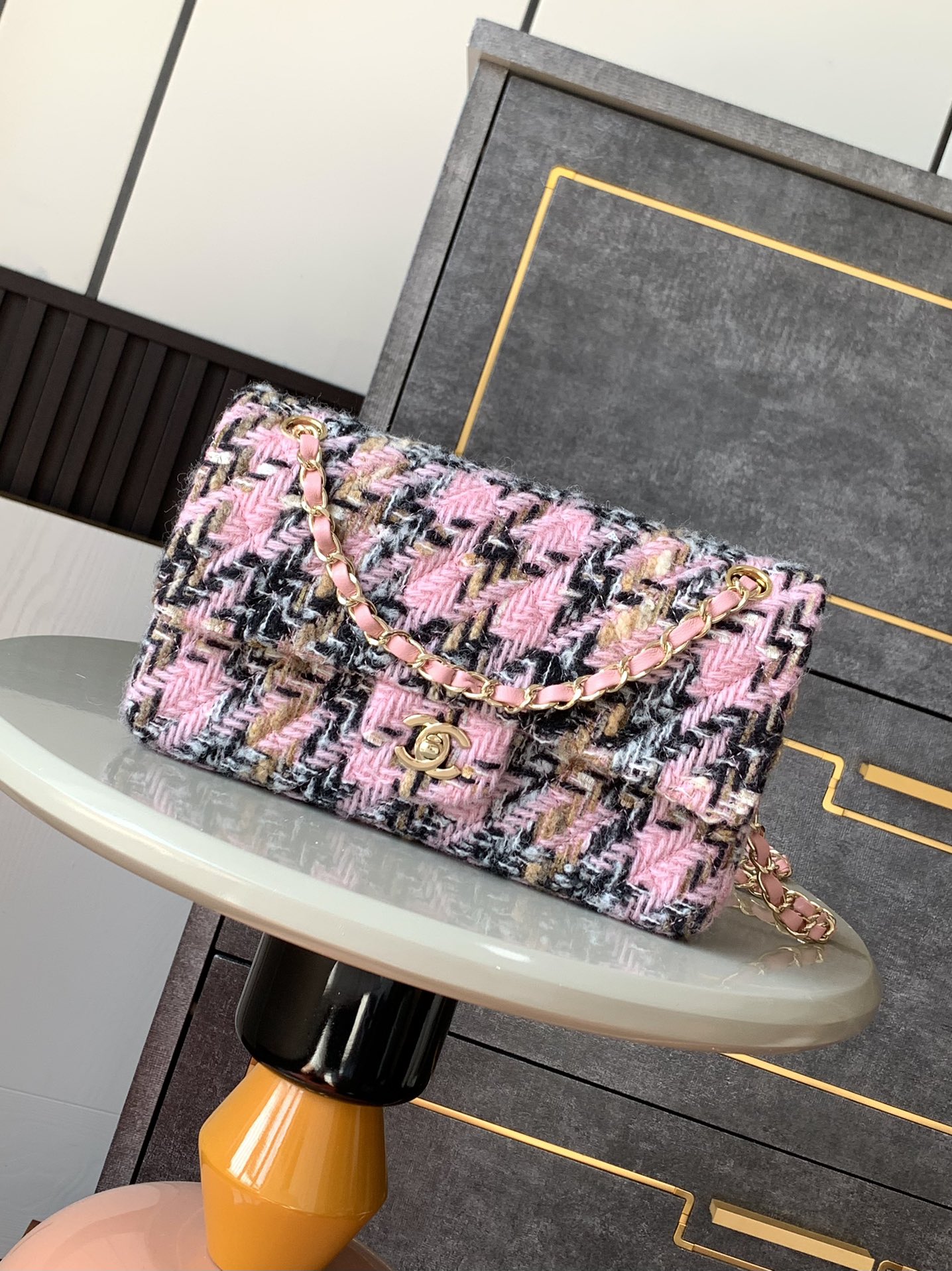 CHANEL 高仿 2.55 粉色花呢格紋鏈條包 時尚精品肩背包