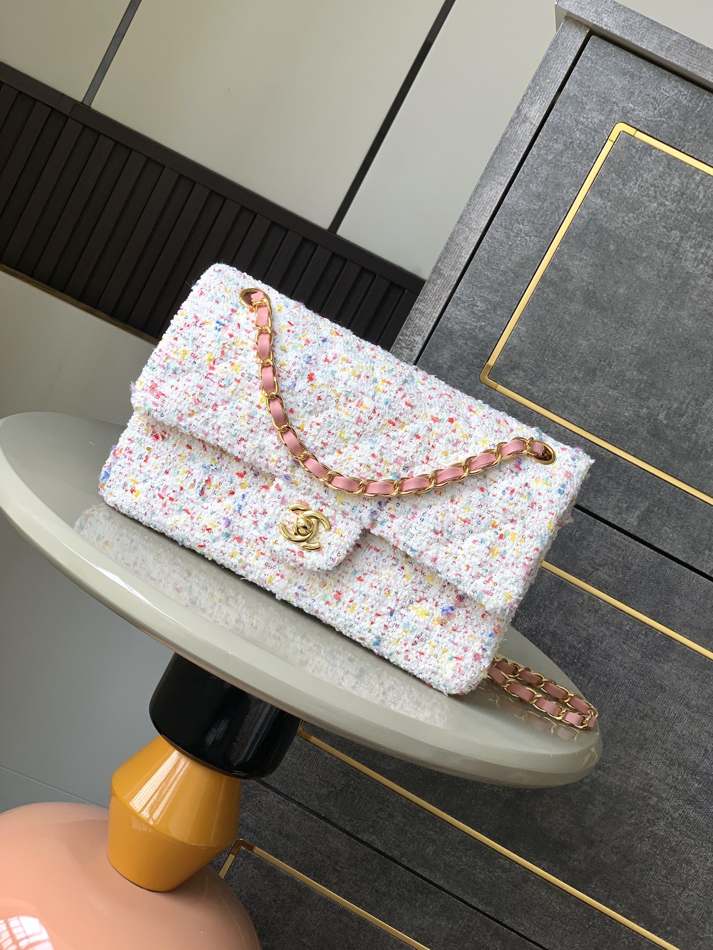 CHANEL 高仿 2.55 白色花呢繽紛鏈條包 春夏限定精品肩背包