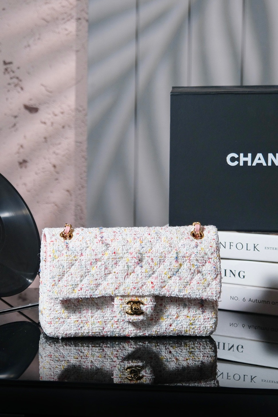 CHANEL A級精品 2.55 雪花呢粉白配色包 優雅菱格紋鏈條包