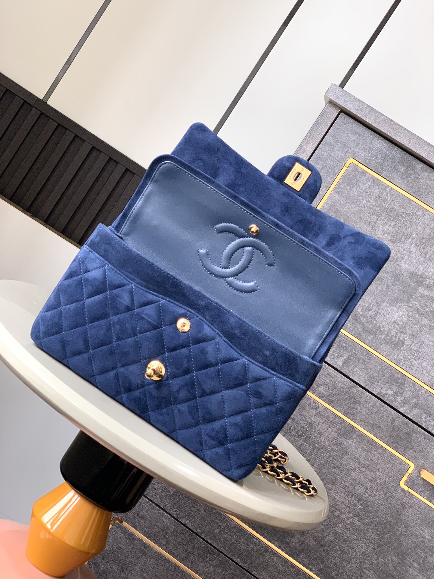 CHANEL 原單 2.55 深藍麂皮金鏈條包 經典菱格優雅肩背包