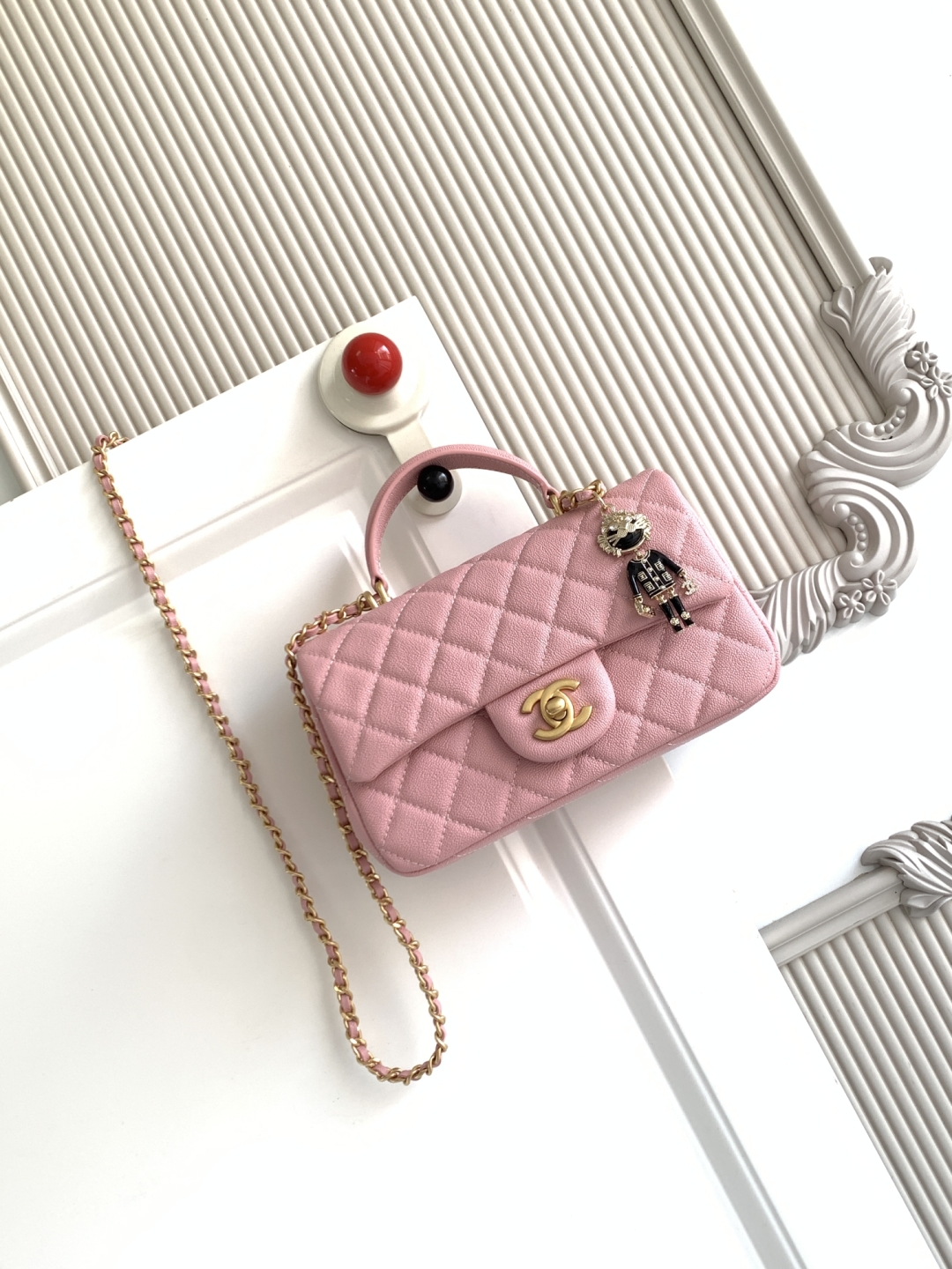 CHANEL 粉色菱格紋原單口蓋包 迷你手提鏈條包