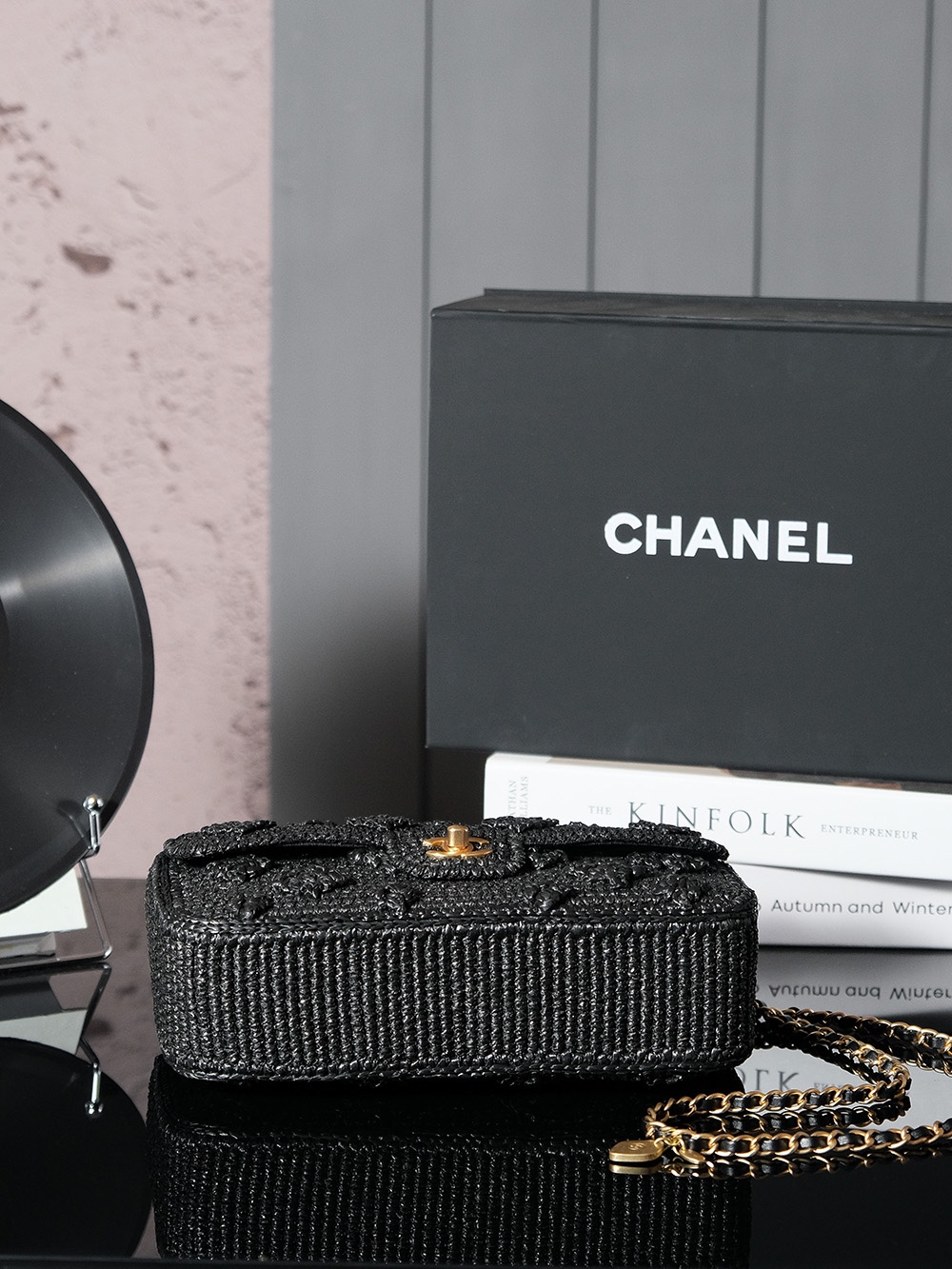 CHANEL 黑色A貨編織鏈條包 手工立體花紋口蓋包｜歐美奢侈品精品推薦