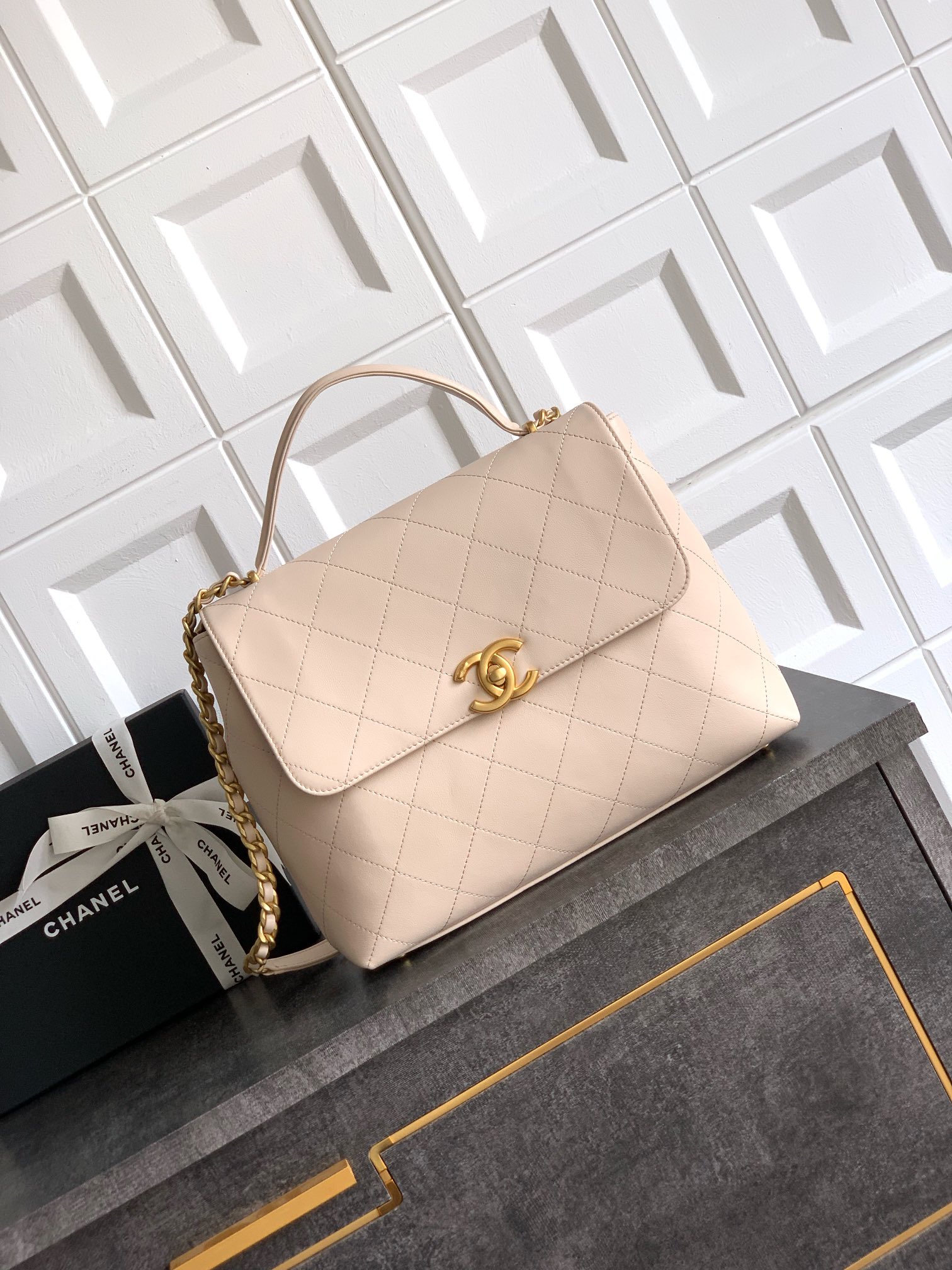 CHANEL原單奶油米菱格手提鏈條包 女士真皮大容量手袋 優雅氣質款