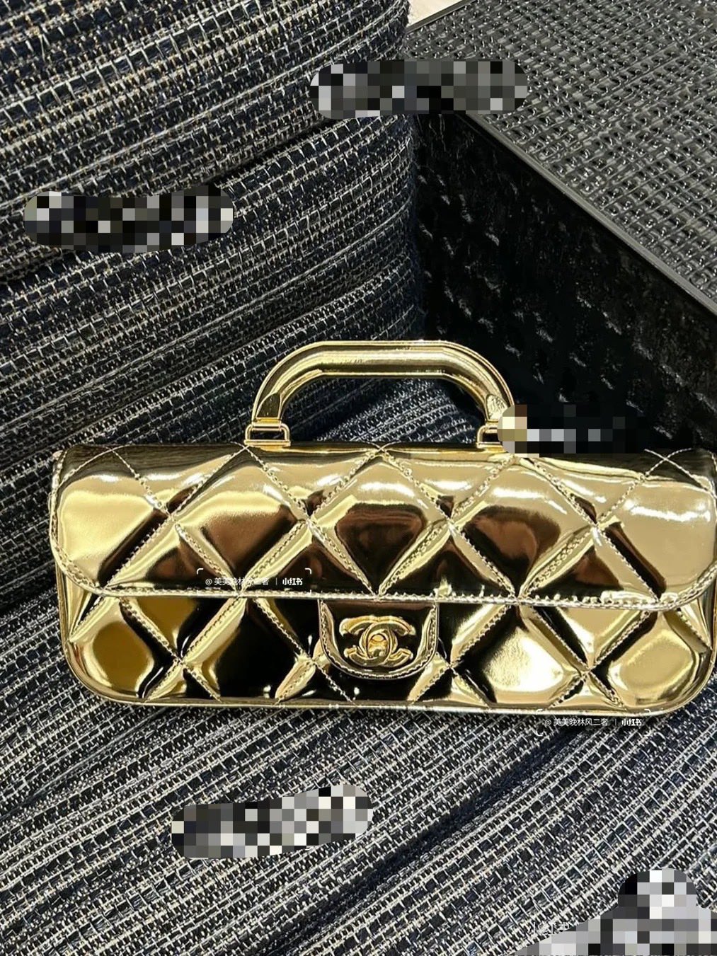 CHANEL高仿香檳金長型鏈條包 金屬亮面菱格手提包 奢華氣場造型｜歐美奢侈品精品推薦